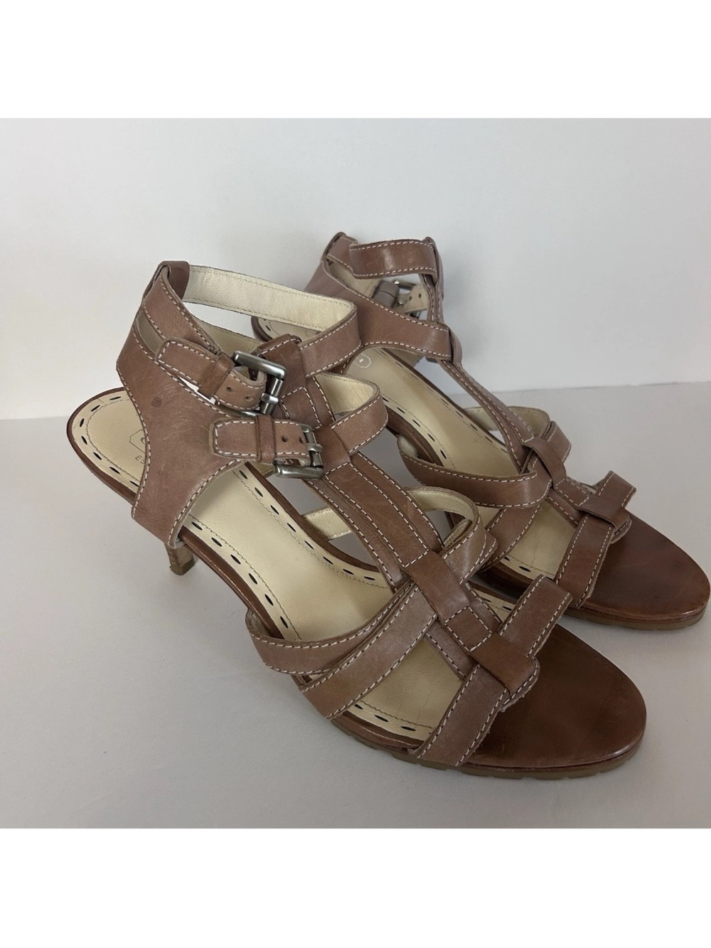 Coach Heels 9.5 Logo Beige Strappy Open Sandal 4”heel Shoes EUC